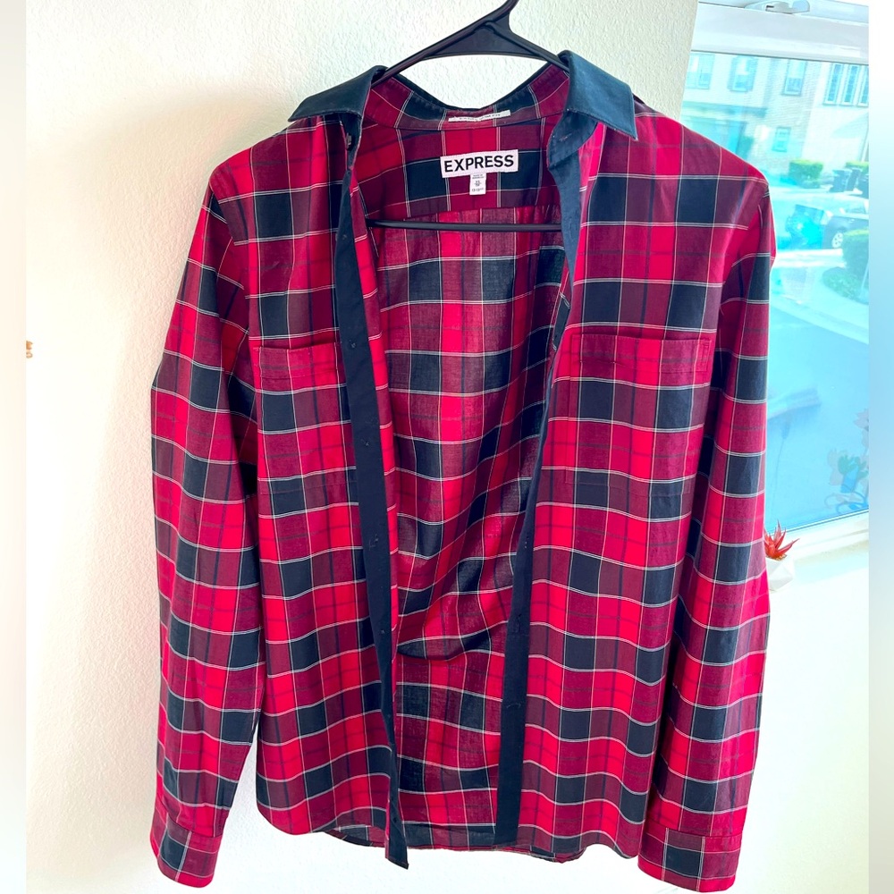 Express Men's red black plaid fitted button up shirt extra slim fit size XS